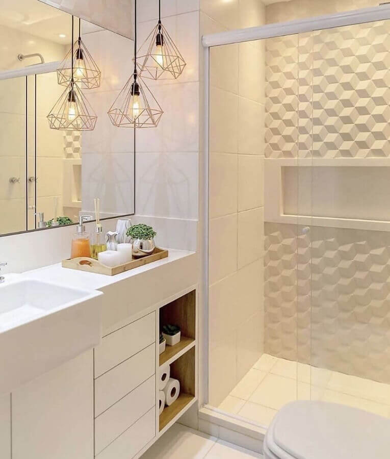 banheiro pequeno decorado com revestimento de parede branca 3d Foto Pinterest