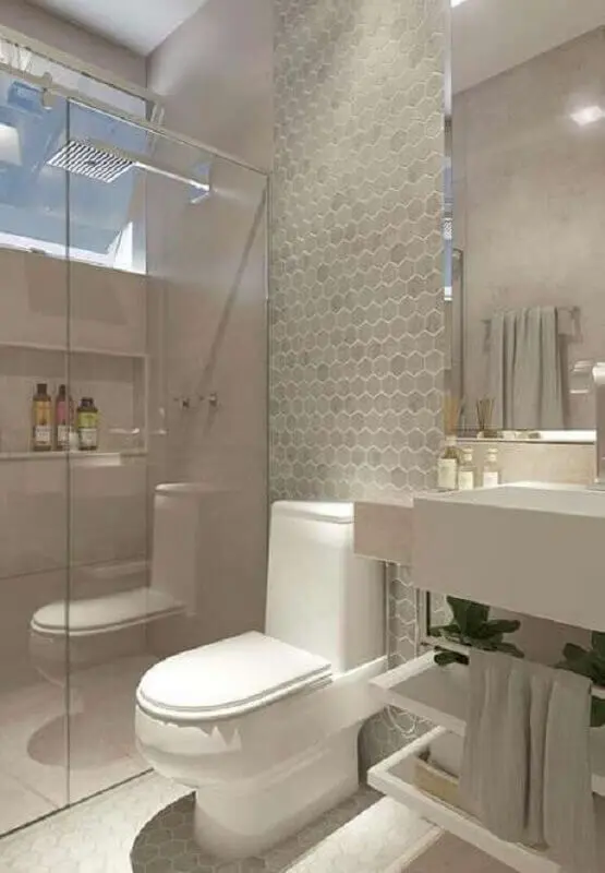 decoração clean com revestimento hexagonal banheiro cinza e branco Foto Pinterest