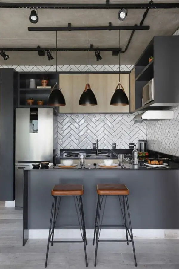decoração moderna de cozinha americana de apartamento cinza Foto Mariana Orsi