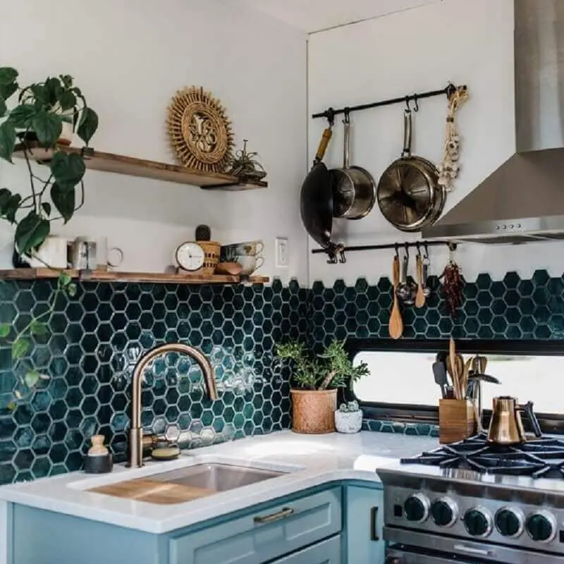 decoração simples com revestimento hexagonal cozinha de canto Foto Pinterest