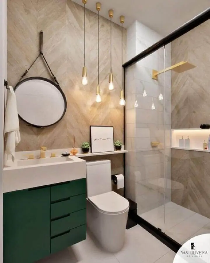 espelho redondo para banheiro com alça e gabinete planejado verde Foto Reciclar e Decorar