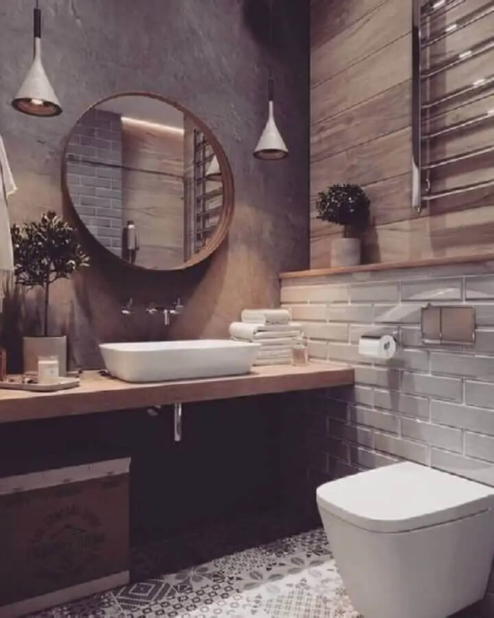 espelho redondo para banheiro com moldura para decoração de banheiro rústico com bancada de madeira Foto Pinterest