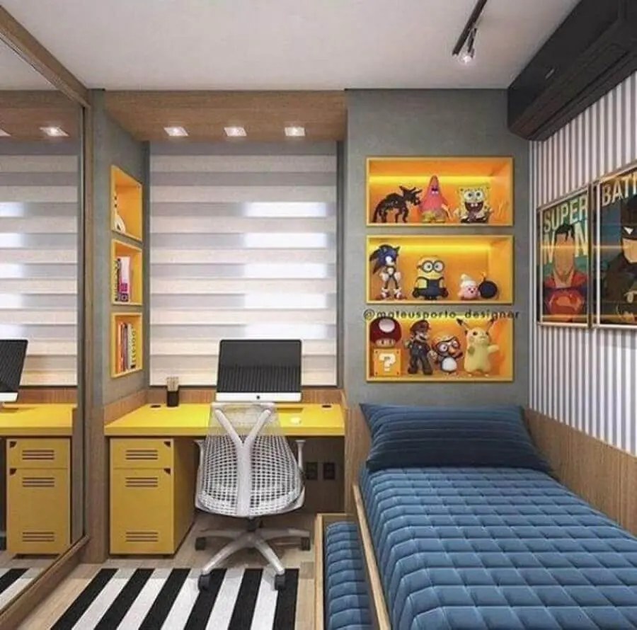 móveis sob medida quarto solteiro moderno com nichos amarelos embutidos Foto Pinterest