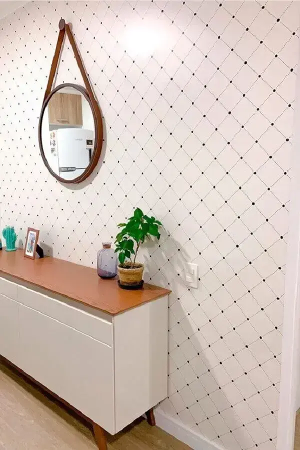 papel de parede branco delicado decorado com espelho redondo com alça Foto Papel Decor