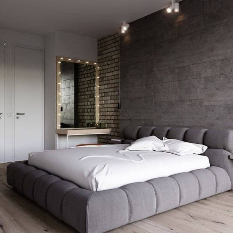 quarto cinza decorado com camas de casal modernas Foto Futurist Architecture