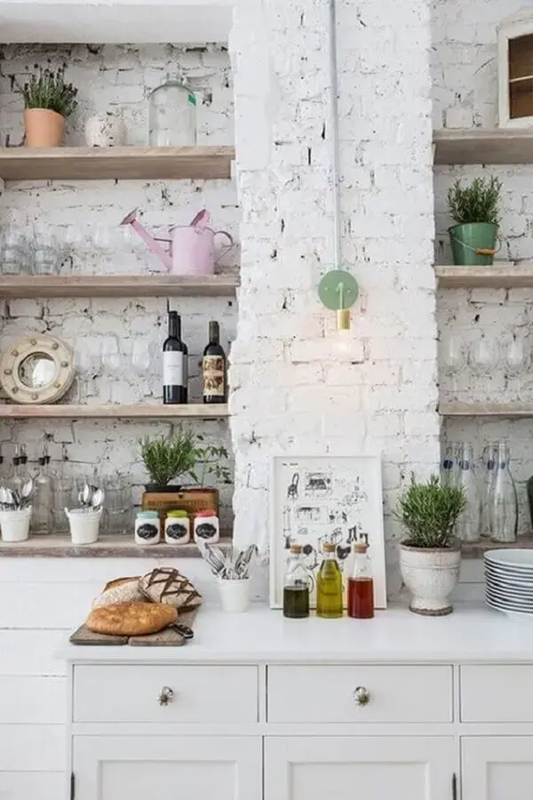 revestimento tijolinho branco rústico para decoração de cozinha Foto Pinterest