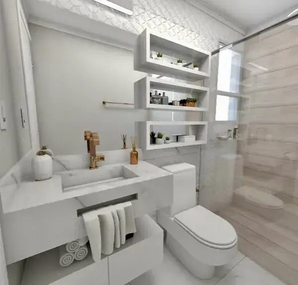 Decoração clean com nicho para banheiro branco