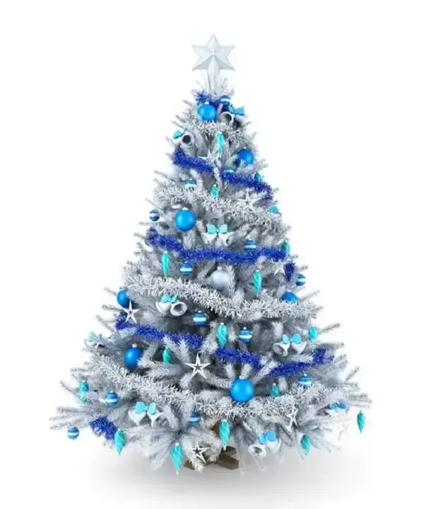 Modelo de árvore de natal branca e azul que você pode encontrar no mercado