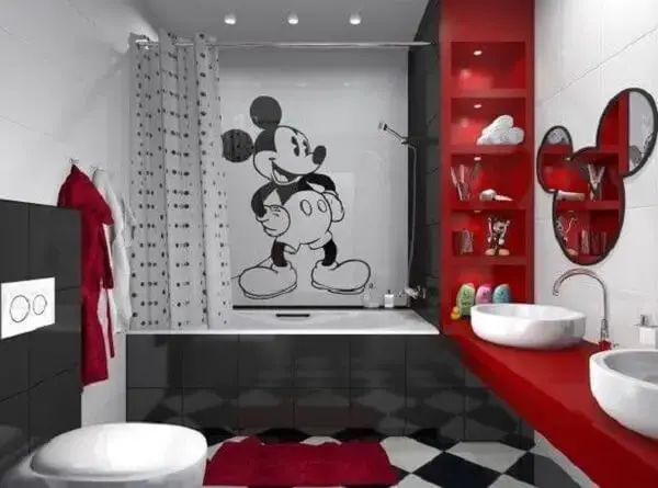 O Mickey é o grande protagonista nessa decoração de banheiro infantil