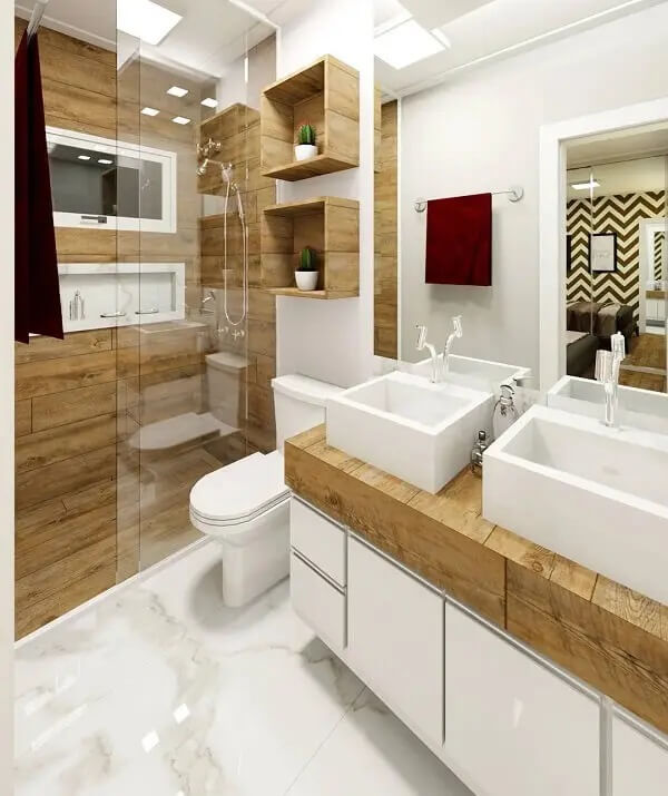Tons terrosos: banheiro de madeira com armário planejado
