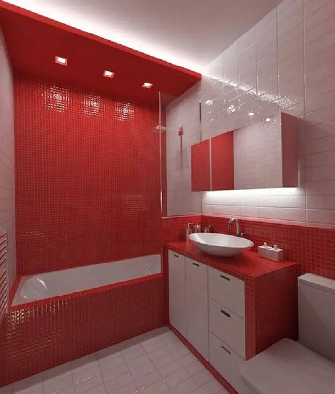 decoração de banheiro com pastilha vermelha com banheira  Foto Rosa Milena Meneses
