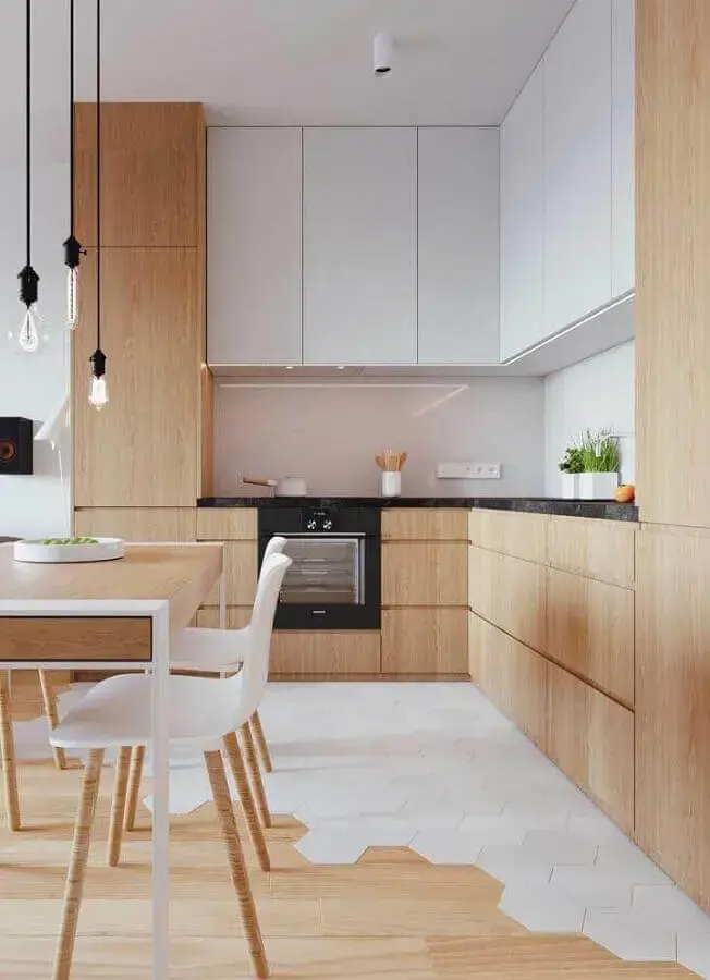 decoração de cozinha de canto de madeira com armário aéreo branco e piso hexagonal Foto Ideias Decor