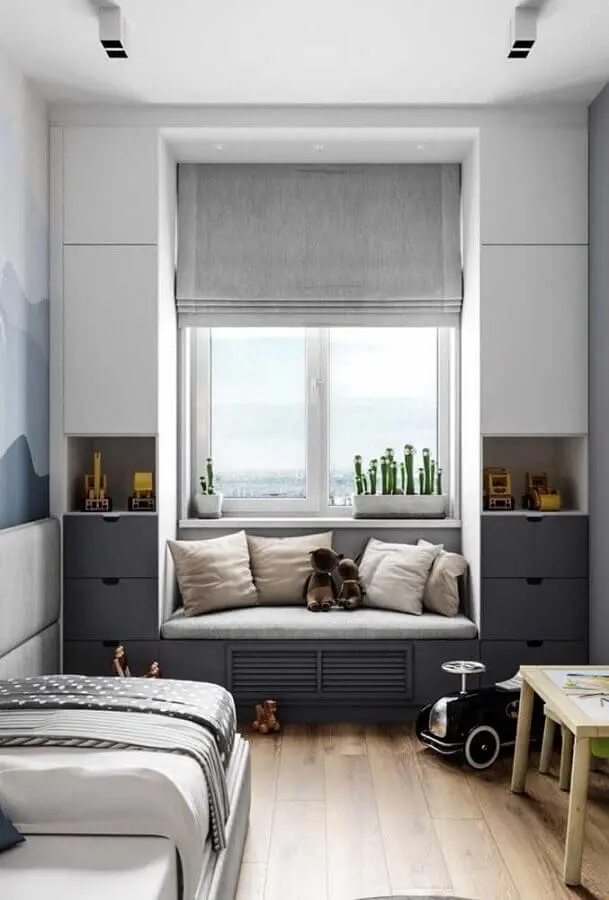 decoração de quarto de solteiro pequeno planejado cinza e branco Foto Pinterest