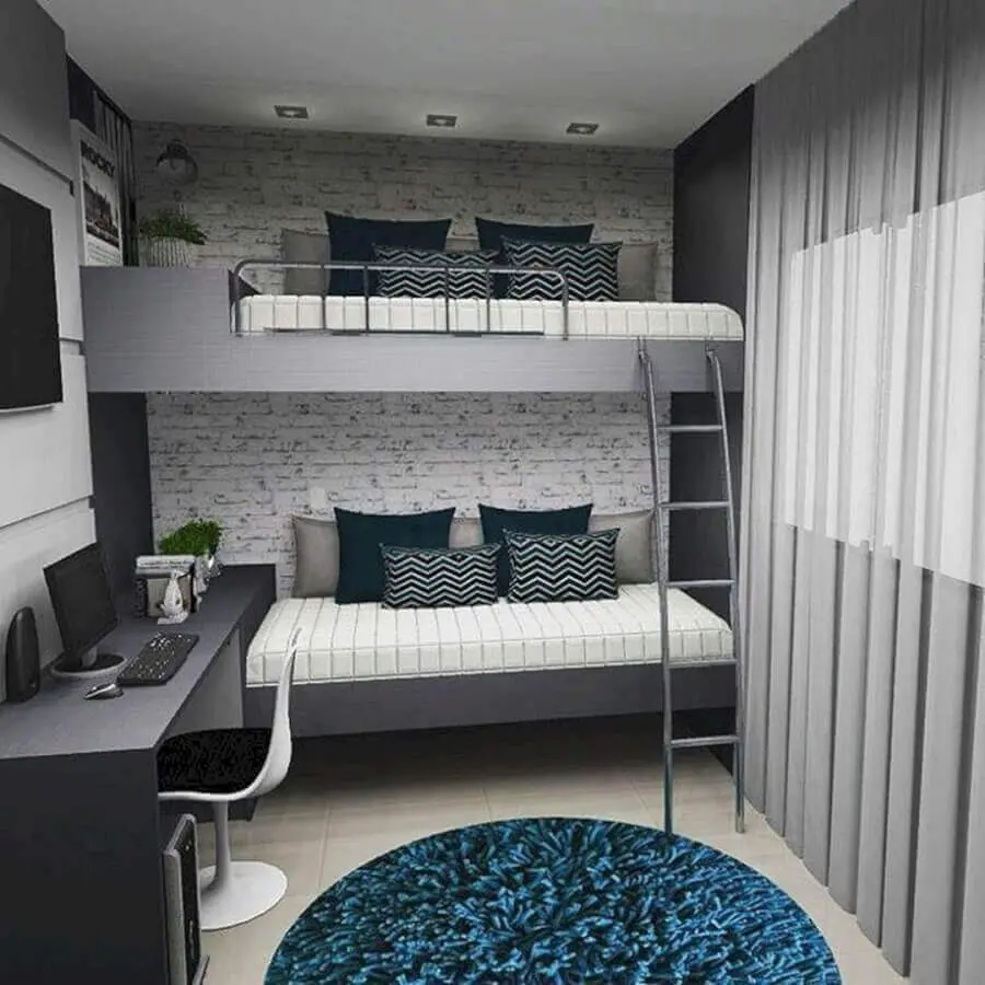 decoração em tons de cinza para quarto de solteiro masculino pequeno com beliche planejada Foto Jeito de Casa