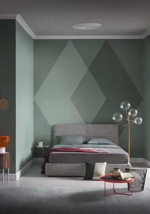 decoração moderna para quarto cinza e verde com pintura de parede geométrica Foto Eduardo Cavalcanti Castro