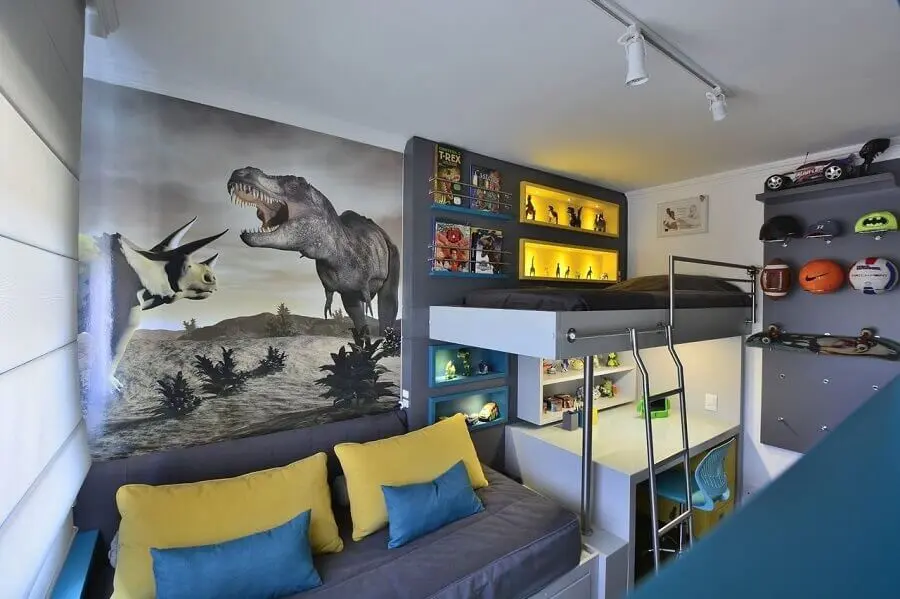 decoração moderna para quarto de solteiro pequeno masculino com cama suspensa Foto BG Arquitetura