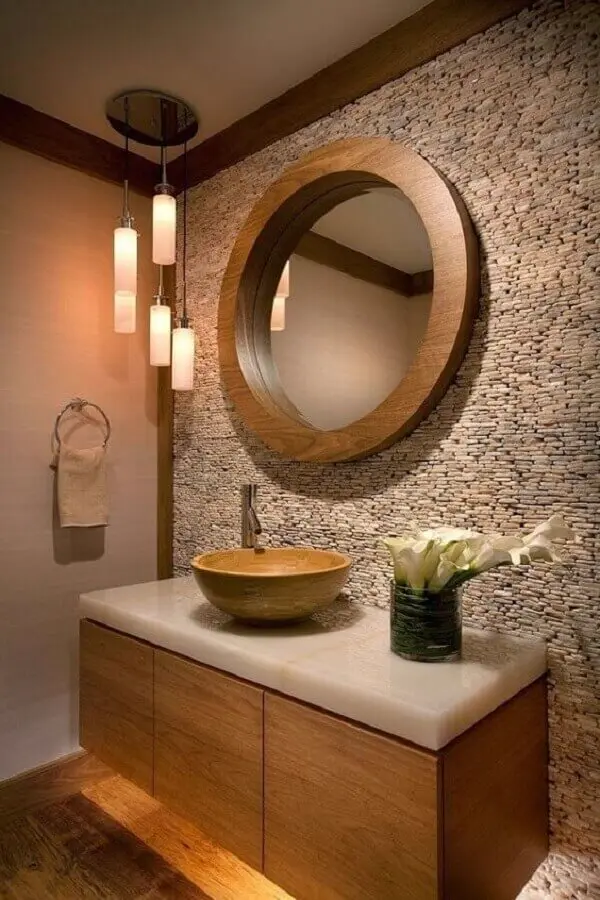 detalhes rústicos para decoração com pendente para bancada de banheiro com espelho redondo de madeira Foto Pinterest