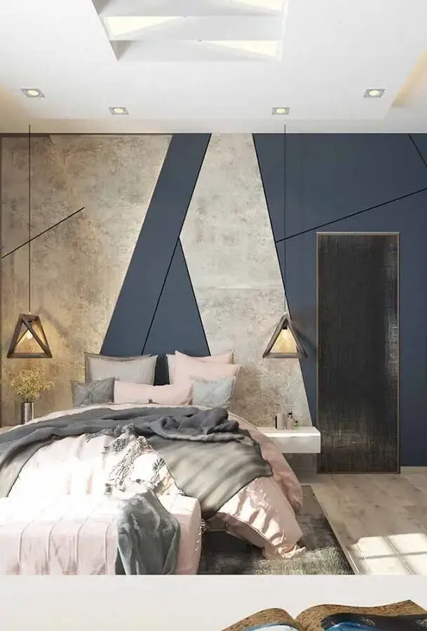 parede com formas geométricas para decoração de quarto de casal moderno Foto Pinterest