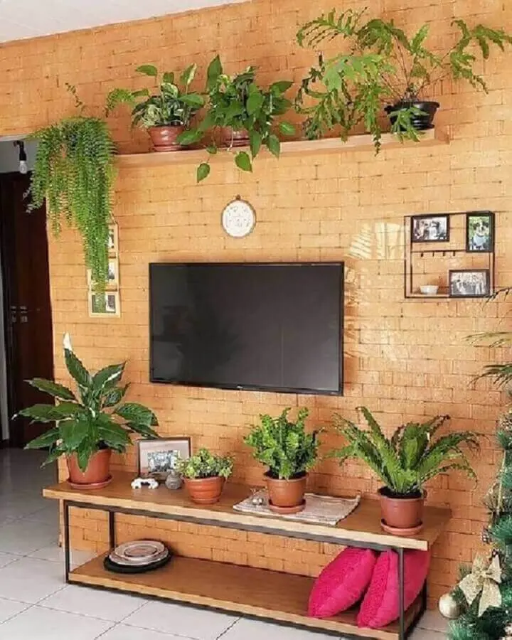 sala rústica decorada com prateleira de madeira para plantas em parede de tijolinho Foto Pinterest