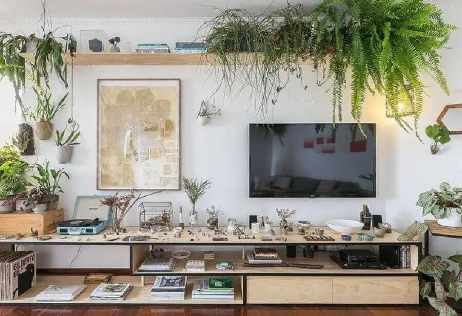 sala simples decorada com prateleira de madeira para plantas Foto Histórias de Casa