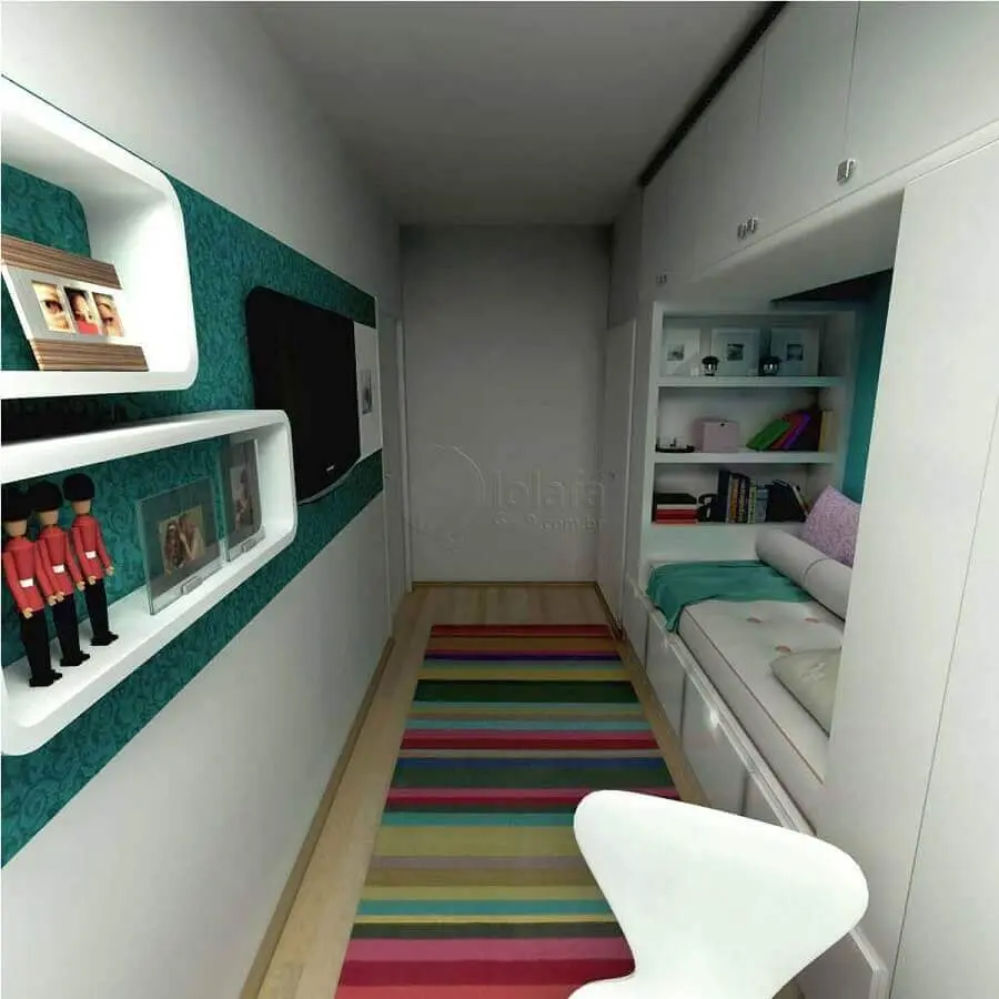 tapete listrado colorido para decoração de quarto de solteiro pequeno planejado Foto Limaonagua