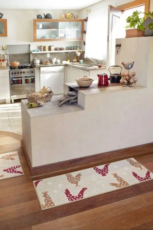 Cozinha moderna com fogão a lenha e decoração cozinha clean