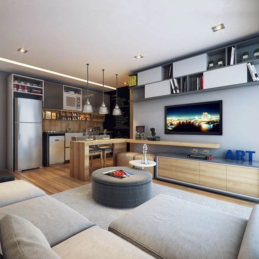 casas em tons de cinza decorada com ambientes integrados Foto Triplex Arquitetura