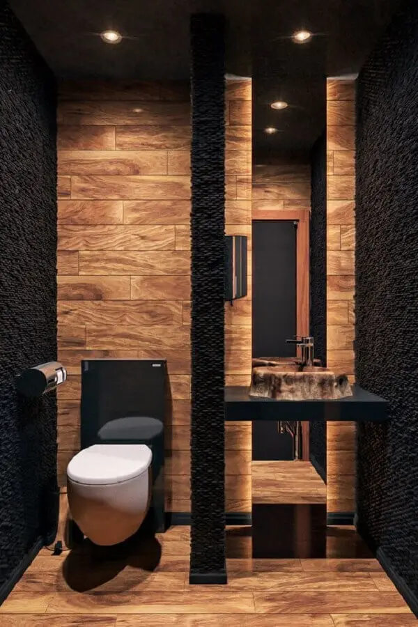 decoração de banheiro preto e madeira com revestimento 3d Foto Pinterest