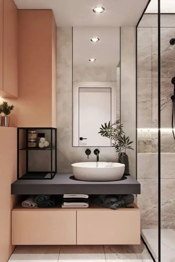 decoração de banheiro sob medida moderno cinza e rosa  Foto Simples Decoração