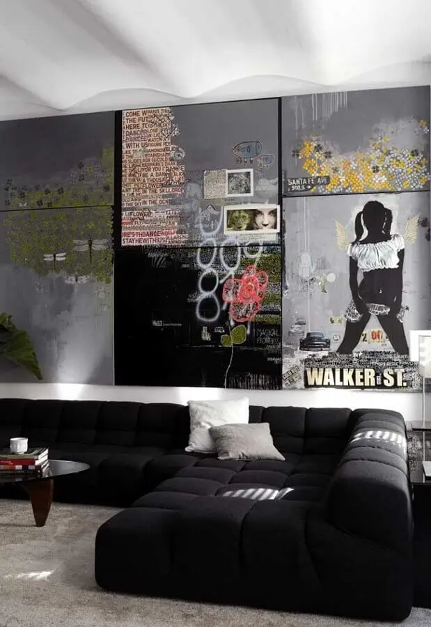 decoração de sala com sofá grande moderno preto Foto Decoist