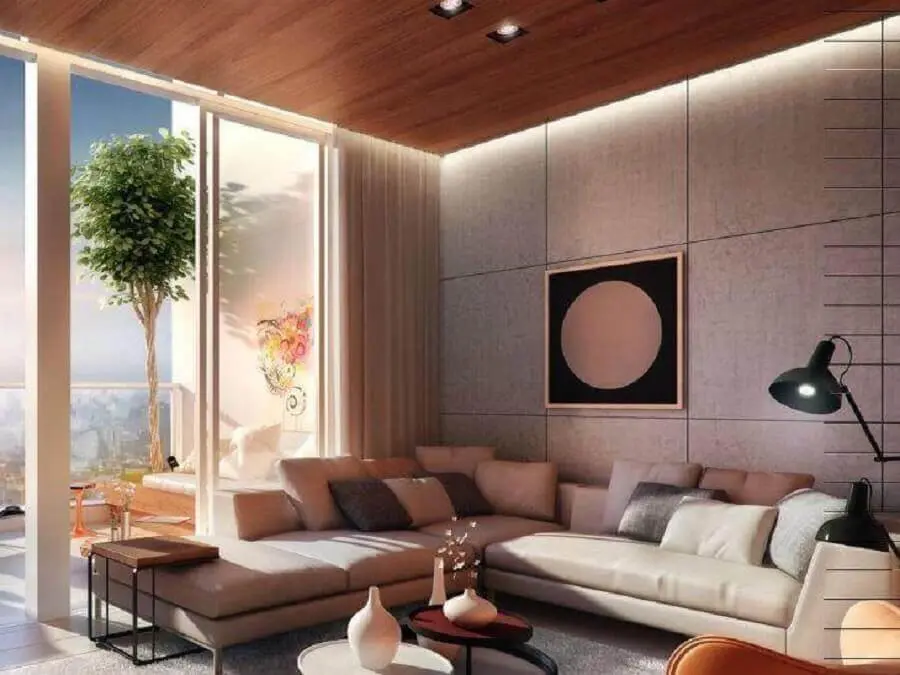 decoração de sala moderna com sofá em L grande Foto Chris Silveira