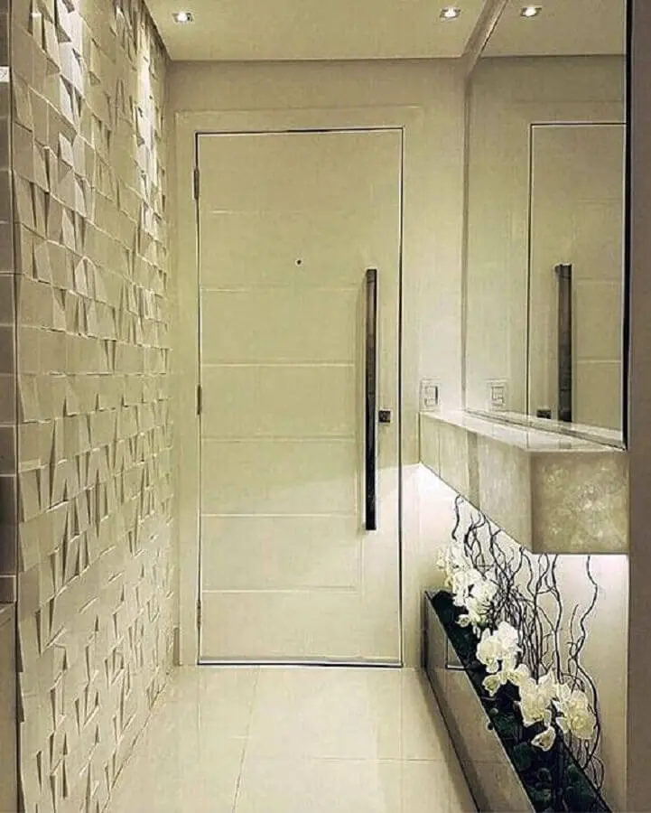 decoração sofisticada para hall de entrada pequeno com espelho e revestimento 3d Foto Simples Decoração
