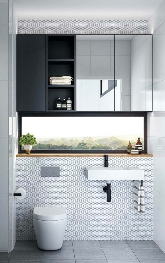 espelho de parede para banheiro planejado com revestimento hexagonal Foto Pinterest