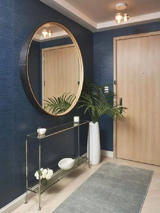 espelho redondo grande para decoração de hall de entrada pequeno azul com aparador de vidro Foto Pinterest