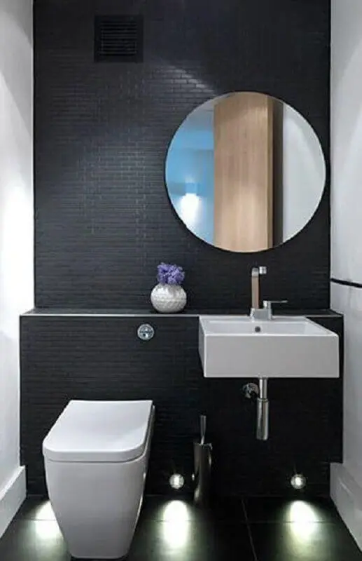espelho redondo para decoração de banheiro pequeno preto e branco Foto Pinterest