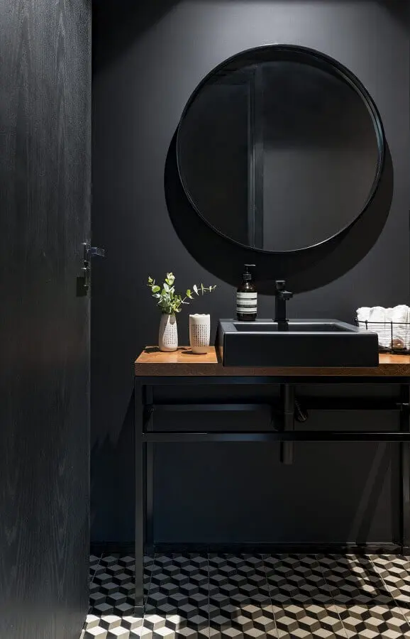 espelho redondo para decoração de banheiro preto minimalista Foto Conexão Décor