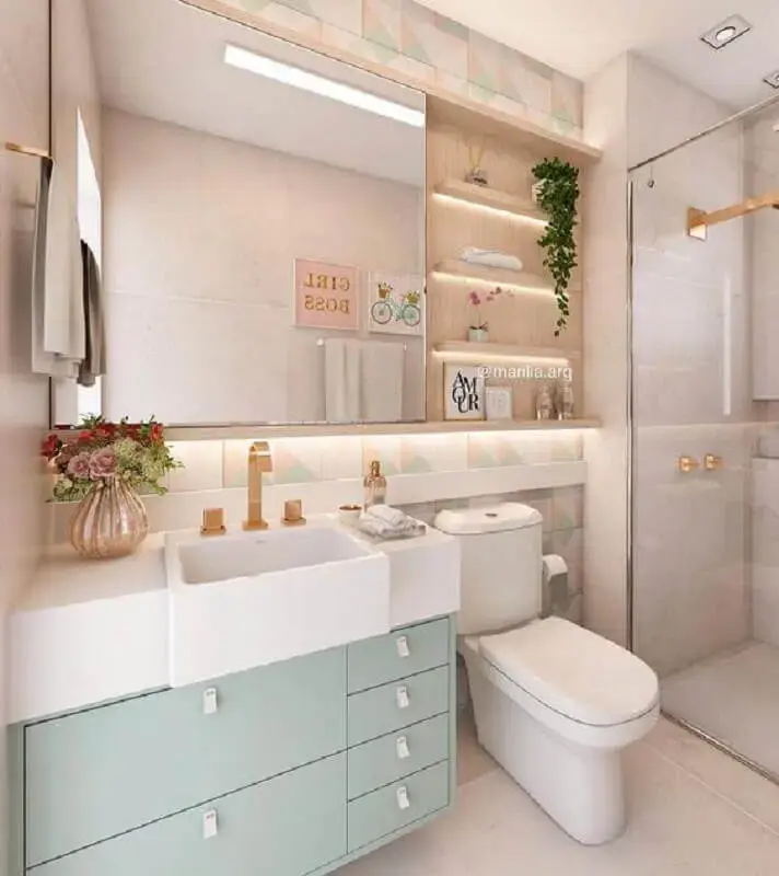 gabinete suspenso verde menta para decoração de banheiro sob medida moderno Foto Marília Veiga