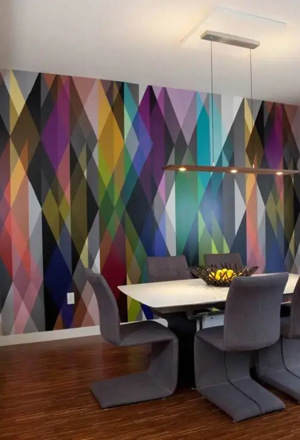 papel de parede colorido para sala de jantar com estampa geométrica Foto Pinterest