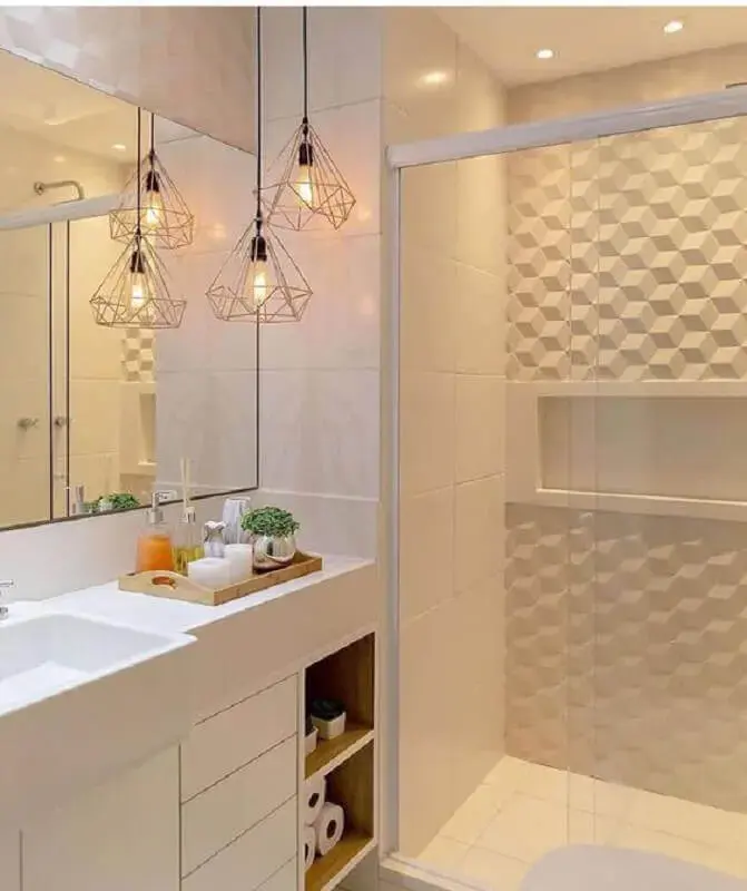 pendente industrial aramado cobre para decoração de banheiro branco com revestimento 3D Foto Pinterest