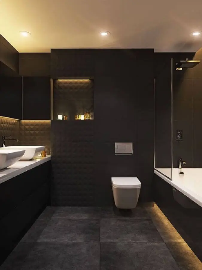 piso de cimento queimado para decoração de banheiro preto e cinza moderno Foto Pinterest