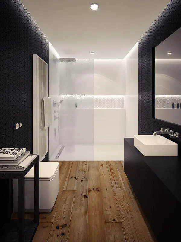 piso de madeira para decoração de banheiro preto e branco moderno Foto Deavita