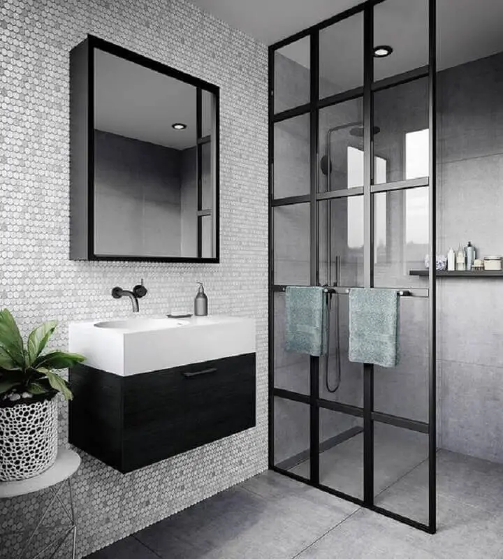 revestimento hexagonal cinza para decoração de banheiro com detalhes preto Foto Arte do Mus