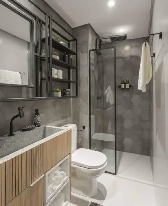 revestimento hexagonal em tons de cinza para decoração de banheiro Foto Jeito de Casa
