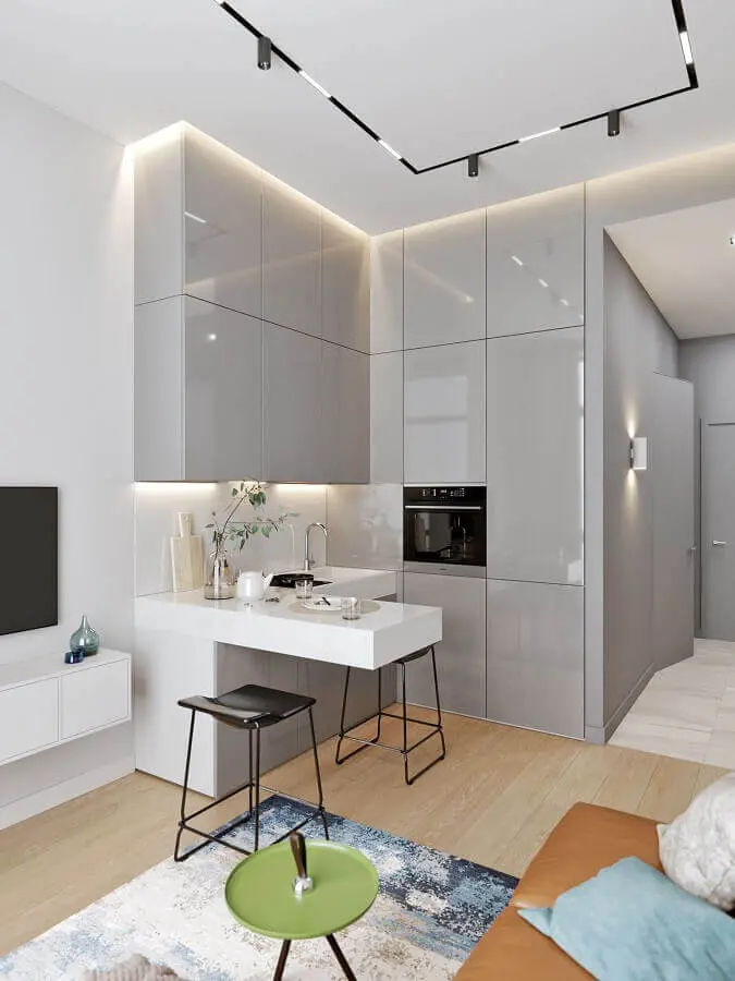 cozinha e sala integrada moderna com armários planejados cinza Foto Pinterest