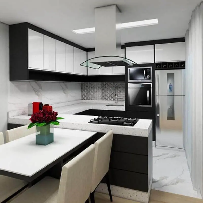 Decoração de cozinha preto e branco planejada em U Foto Pinterest
