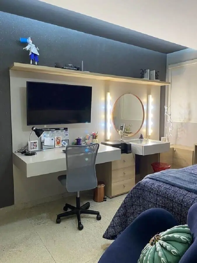 decoração de quarto com cadeira confortável para home office planejado Foto Cris Nunes Arquitetura