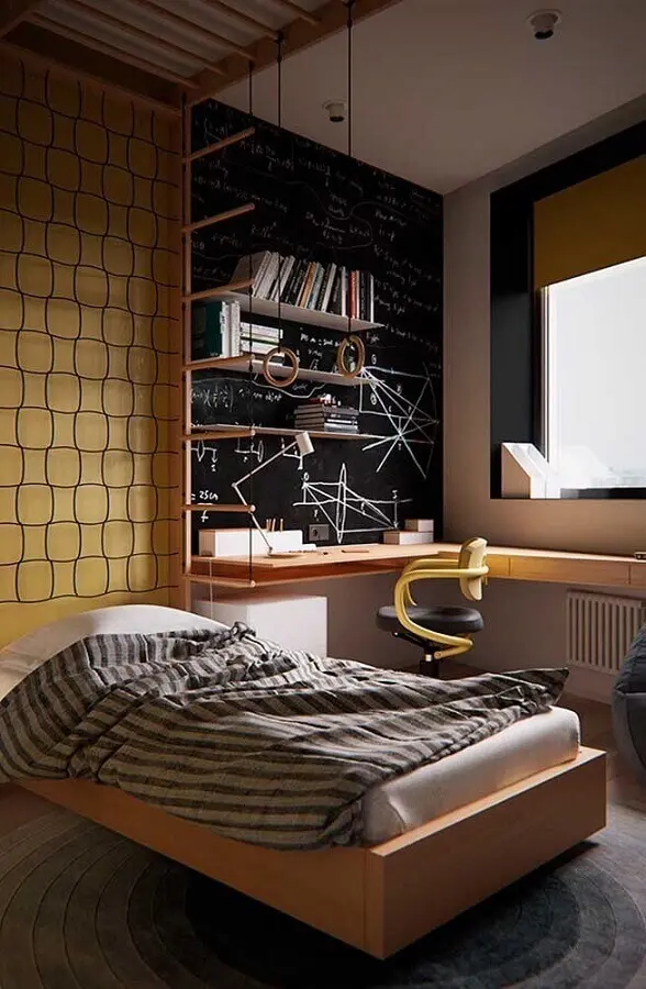 decoração de quarto de solteiro masculino com bancada de madeira planejada Foto Futurist Architecture