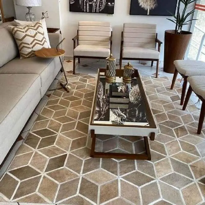 decoração de sala com vaso de chão e tapete bege geométrico Foto Pinterest