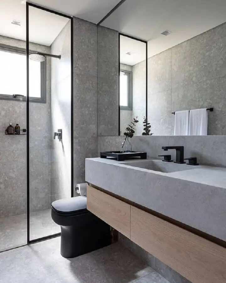 decoração minimalista para banheiro cinza com detalhes preto Foto Pinterest