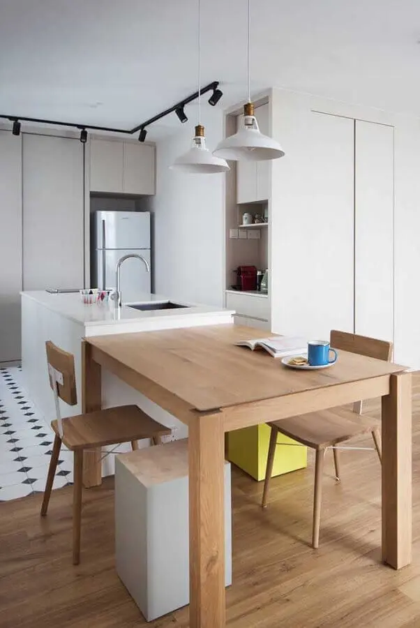 decoração minimalista para sala e cozinha integrada com ilha e mesa de madeira Foto Pinterest